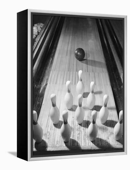 Bowling Ball Heading Toward Pins-Philip Gendreau-Framed Premier Image Canvas