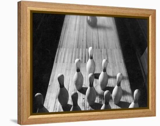 Bowling Ball Rolling Toward Pins-Philip Gendreau-Framed Premier Image Canvas