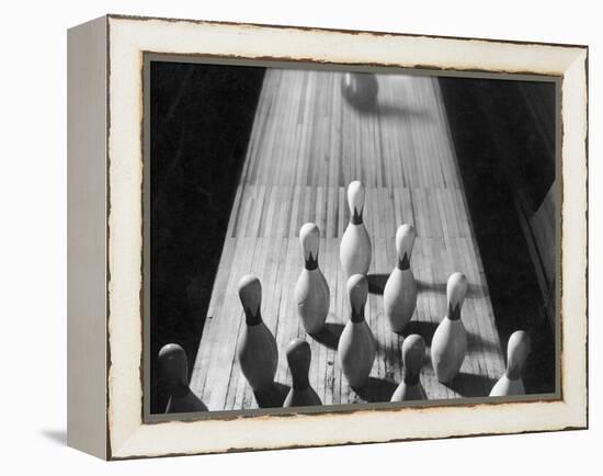 Bowling Ball Rolling Toward Pins-Philip Gendreau-Framed Premier Image Canvas