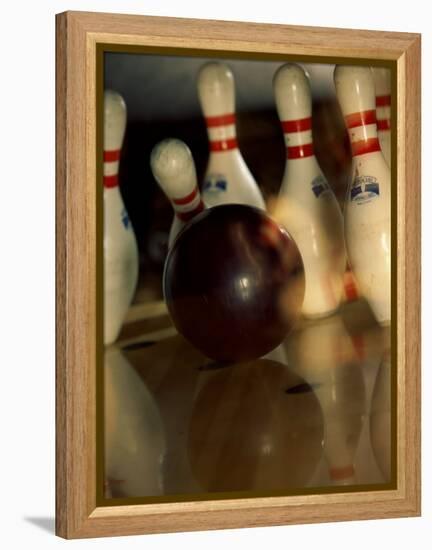 Bowling Ball Striking Pins-null-Framed Premier Image Canvas