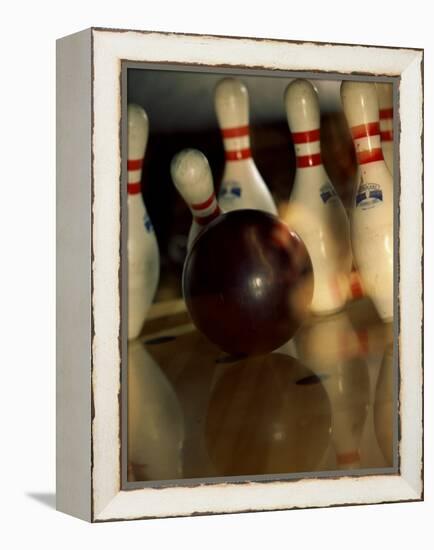 Bowling Ball Striking Pins-null-Framed Premier Image Canvas
