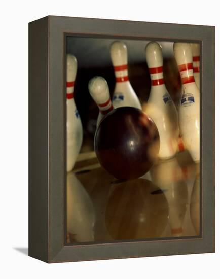 Bowling Ball Striking Pins-null-Framed Premier Image Canvas