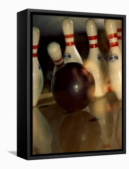 Bowling Ball Striking Pins-null-Framed Premier Image Canvas