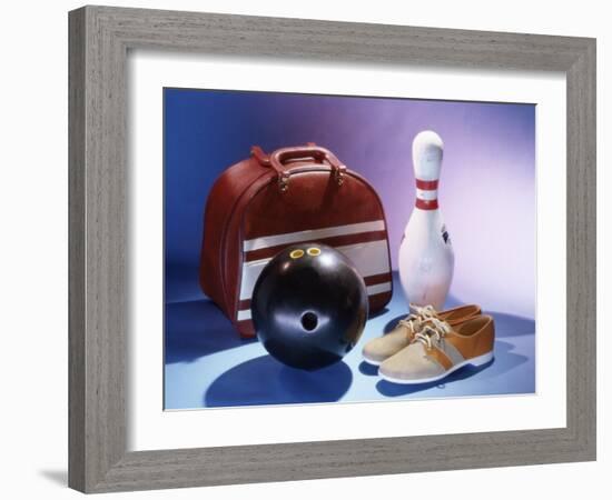 Bowling Ball with a Bowling Pin and Bowling Shoes-null-Framed Photographic Print