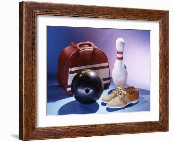Bowling Ball with a Bowling Pin and Bowling Shoes-null-Framed Photographic Print