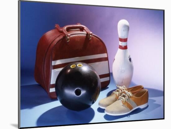 Bowling Ball with a Bowling Pin and Bowling Shoes-null-Mounted Photographic Print