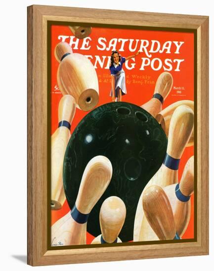 "Bowling Strike," Saturday Evening Post Cover, March 15, 1941-Lonie Bee-Framed Premier Image Canvas