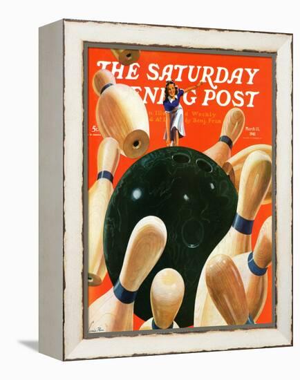 "Bowling Strike," Saturday Evening Post Cover, March 15, 1941-Lonie Bee-Framed Premier Image Canvas