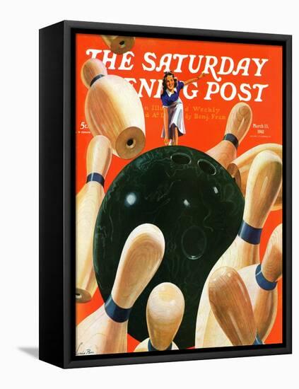 "Bowling Strike," Saturday Evening Post Cover, March 15, 1941-Lonie Bee-Framed Premier Image Canvas