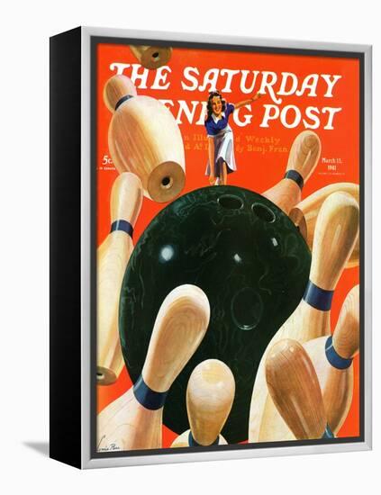 "Bowling Strike," Saturday Evening Post Cover, March 15, 1941-Lonie Bee-Framed Premier Image Canvas