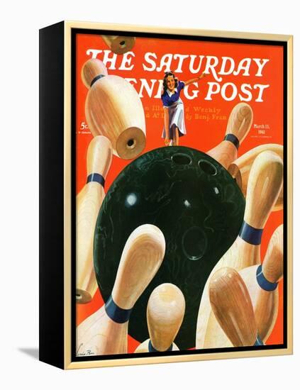 "Bowling Strike," Saturday Evening Post Cover, March 15, 1941-Lonie Bee-Framed Premier Image Canvas