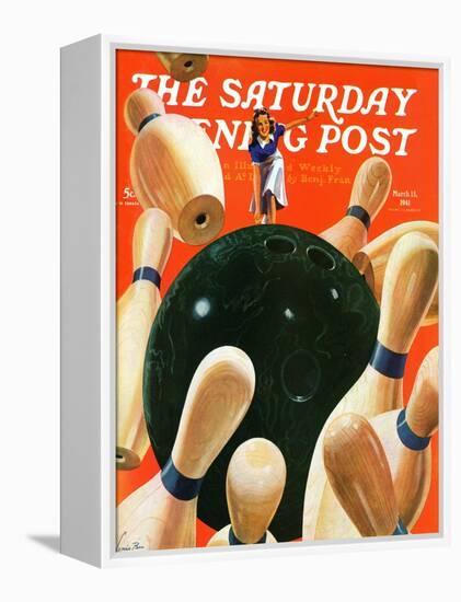"Bowling Strike," Saturday Evening Post Cover, March 15, 1941-Lonie Bee-Framed Premier Image Canvas