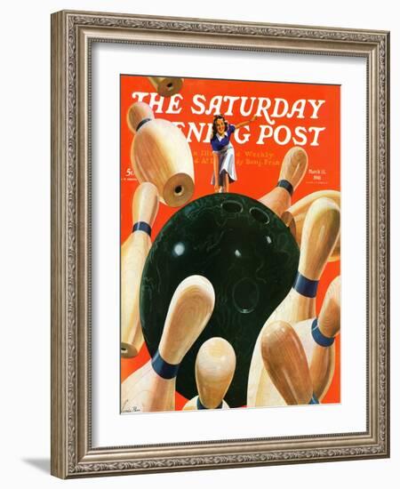 "Bowling Strike," Saturday Evening Post Cover, March 15, 1941-Lonie Bee-Framed Giclee Print