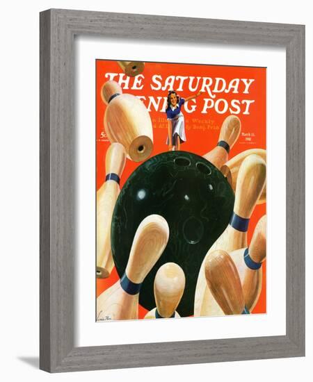 "Bowling Strike," Saturday Evening Post Cover, March 15, 1941-Lonie Bee-Framed Giclee Print