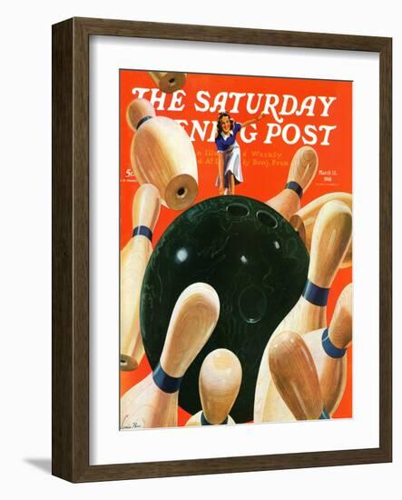 "Bowling Strike," Saturday Evening Post Cover, March 15, 1941-Lonie Bee-Framed Giclee Print