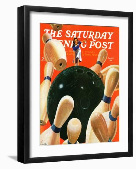 "Bowling Strike," Saturday Evening Post Cover, March 15, 1941-Lonie Bee-Framed Giclee Print