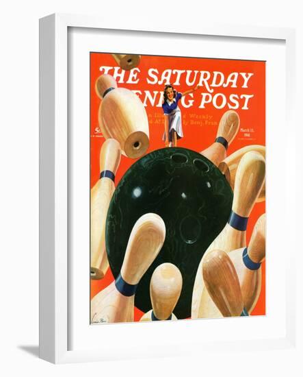 "Bowling Strike," Saturday Evening Post Cover, March 15, 1941-Lonie Bee-Framed Giclee Print