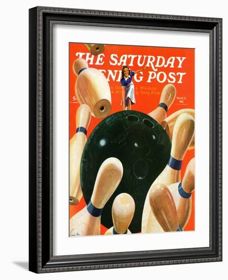 "Bowling Strike," Saturday Evening Post Cover, March 15, 1941-Lonie Bee-Framed Giclee Print