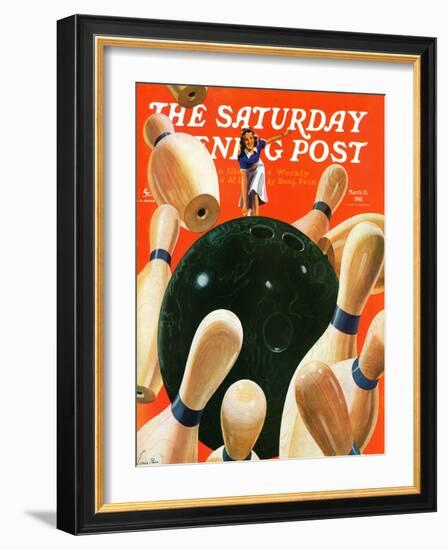 "Bowling Strike," Saturday Evening Post Cover, March 15, 1941-Lonie Bee-Framed Giclee Print