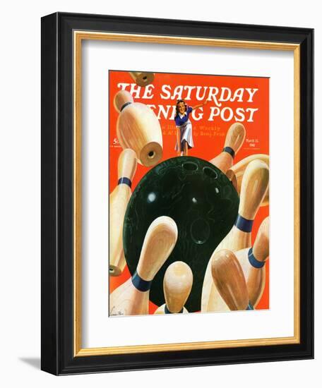 "Bowling Strike," Saturday Evening Post Cover, March 15, 1941-Lonie Bee-Framed Giclee Print