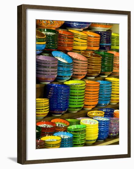 Bowls and Plates on Display, for Sale at Vendors Booth, Spice Market, Istanbul, Turkey-Darrell Gulin-Framed Photographic Print