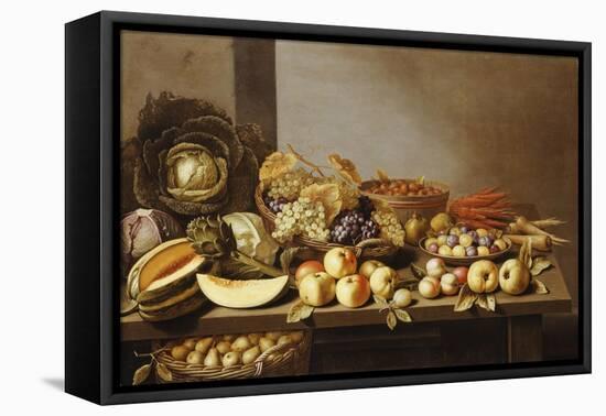 Bowls of Fruit and Nuts on a Wooden Table with a Basket of Pears Beneath-Floris van Schooten-Framed Premier Image Canvas