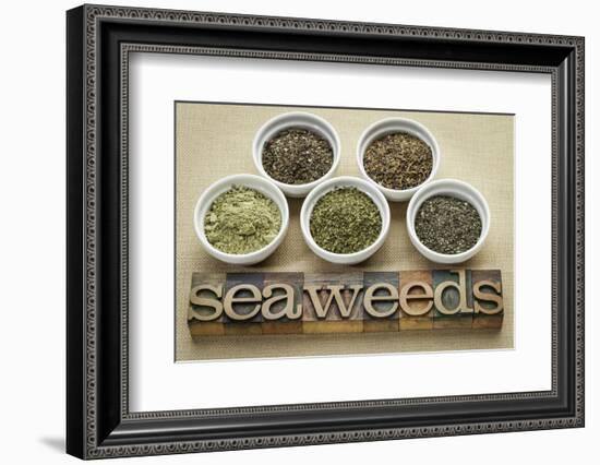 Bowls of Seaweed Diet Supplements (Bladderwrack, Sea Lettuce, Kelp Powder, Wakame and Irish Moss)-PixelsAway-Framed Photographic Print