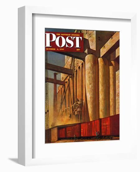 "Boxcars at Grain Elevators," Saturday Evening Post Cover, October 4, 1947-John Atherton-Framed Giclee Print