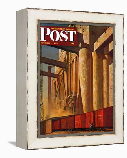 "Boxcars at Grain Elevators," Saturday Evening Post Cover, October 4, 1947-John Atherton-Framed Premier Image Canvas