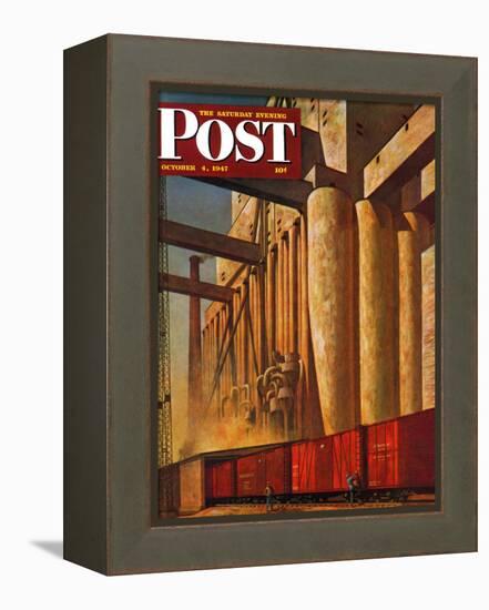 "Boxcars at Grain Elevators," Saturday Evening Post Cover, October 4, 1947-John Atherton-Framed Premier Image Canvas