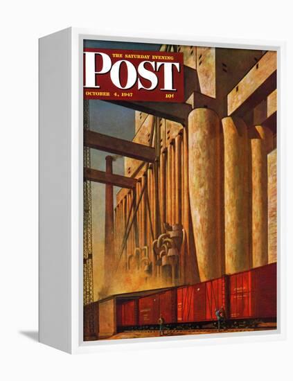 "Boxcars at Grain Elevators," Saturday Evening Post Cover, October 4, 1947-John Atherton-Framed Premier Image Canvas