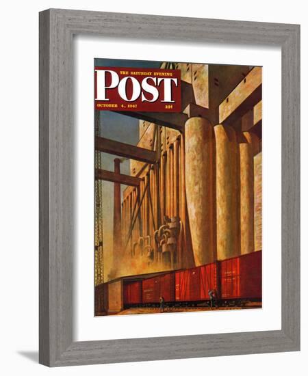 "Boxcars at Grain Elevators," Saturday Evening Post Cover, October 4, 1947-John Atherton-Framed Giclee Print