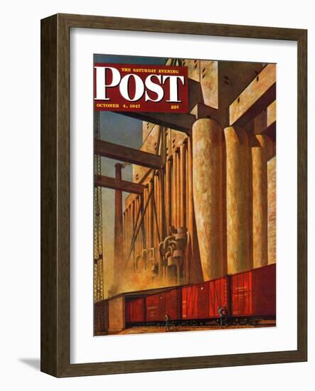 "Boxcars at Grain Elevators," Saturday Evening Post Cover, October 4, 1947-John Atherton-Framed Giclee Print