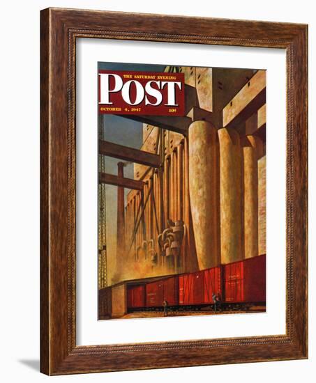 "Boxcars at Grain Elevators," Saturday Evening Post Cover, October 4, 1947-John Atherton-Framed Giclee Print