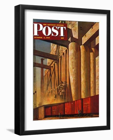 "Boxcars at Grain Elevators," Saturday Evening Post Cover, October 4, 1947-John Atherton-Framed Giclee Print