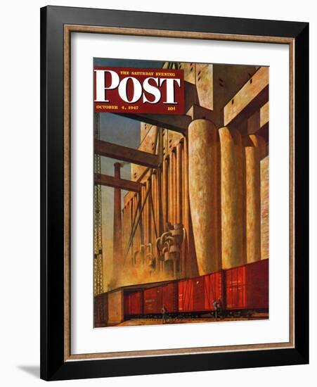 "Boxcars at Grain Elevators," Saturday Evening Post Cover, October 4, 1947-John Atherton-Framed Giclee Print