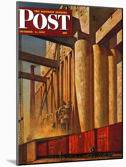 "Boxcars at Grain Elevators," Saturday Evening Post Cover, October 4, 1947-John Atherton-Mounted Giclee Print