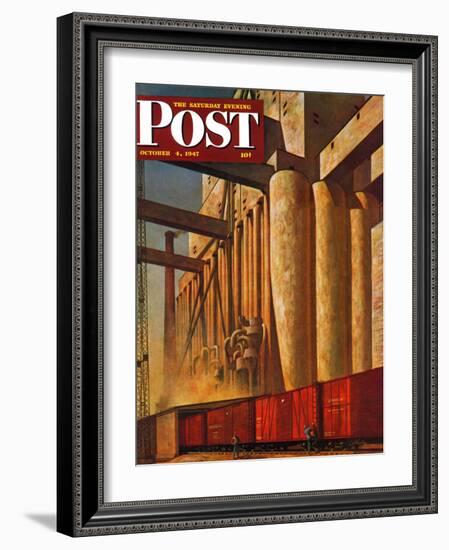 "Boxcars at Grain Elevators," Saturday Evening Post Cover, October 4, 1947-John Atherton-Framed Giclee Print