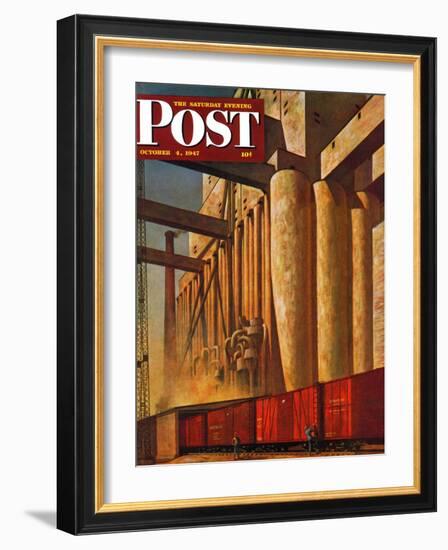 "Boxcars at Grain Elevators," Saturday Evening Post Cover, October 4, 1947-John Atherton-Framed Giclee Print