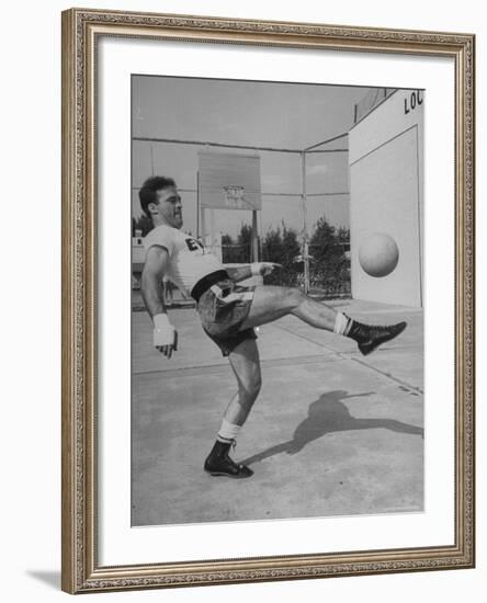 Boxer Marcel Cerdan, Trying to Achieve Hairline Balance by Bouncing a Soccer Ball-Tony Linck-Framed Premium Photographic Print