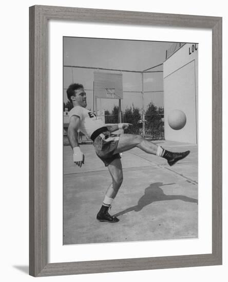 Boxer Marcel Cerdan, Trying to Achieve Hairline Balance by Bouncing a Soccer Ball-Tony Linck-Framed Premium Photographic Print