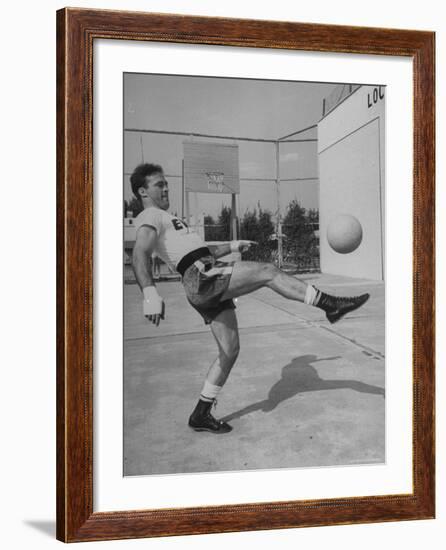 Boxer Marcel Cerdan, Trying to Achieve Hairline Balance by Bouncing a Soccer Ball-Tony Linck-Framed Premium Photographic Print