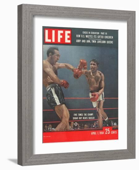 Boxers Carmen Basilio and Sugar Ray Robinson in Action, April 7, 1958-George Silk-Framed Photographic Print