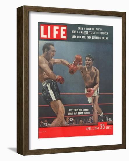 Boxers Carmen Basilio and Sugar Ray Robinson in Action, April 7, 1958-George Silk-Framed Photographic Print