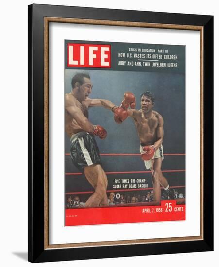 Boxers Carmen Basilio and Sugar Ray Robinson in Action, April 7, 1958-George Silk-Framed Photographic Print