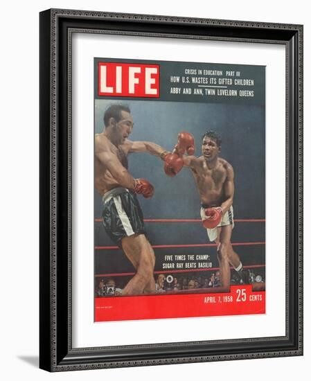 Boxers Carmen Basilio and Sugar Ray Robinson in Action, April 7, 1958-George Silk-Framed Photographic Print