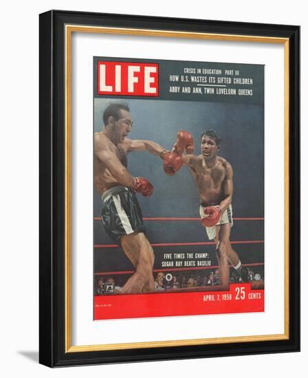 Boxers Carmen Basilio and Sugar Ray Robinson in Action, April 7, 1958-George Silk-Framed Photographic Print