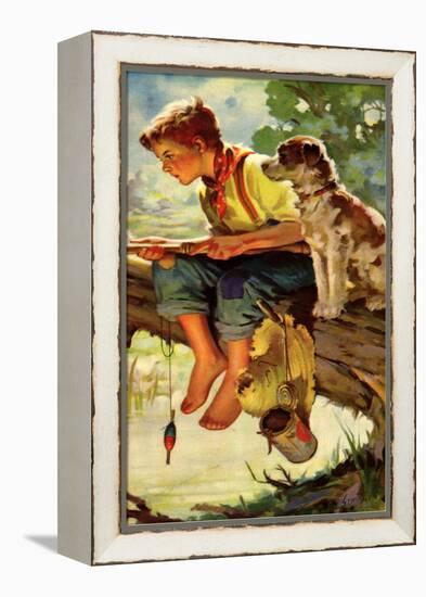 Boy and Dog Fishing, 1937-null-Framed Premier Image Canvas