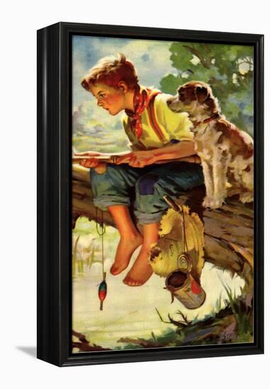 Boy and Dog Fishing, 1937-null-Framed Premier Image Canvas