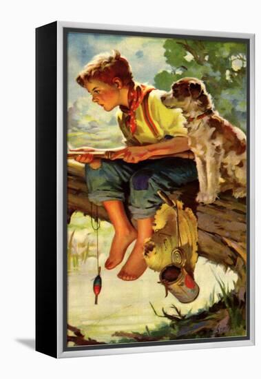 Boy and Dog Fishing, 1937-null-Framed Premier Image Canvas